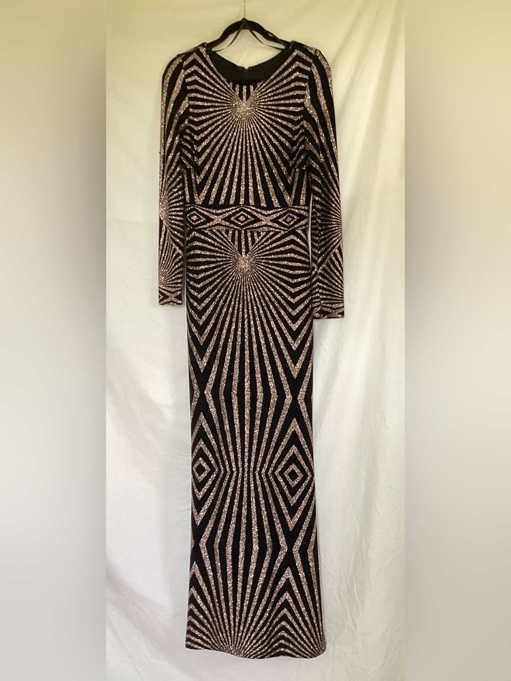 Betsy & Adam Black and Rose Gold Glitter Long Sleeve Evening Dress